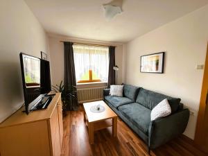 a living room with a green couch and a television at Ferienwohnung Weinbergblick in Oberrohrendorf
