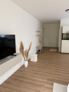 a living room with a flat screen tv on a wall at Bauna Suites & Apartments in Baunatal +7 photos