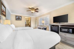 a bedroom with a white bed and a flat screen tv at Best Western Tradewinds in Morro Bay