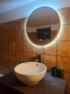 a bathroom with a large bowl sink and a mirror at Jinn's Valley Apartment in Grižane +8 photos