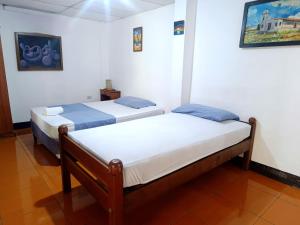 two twin beds in a room with a painting on the wall at Casa de Los Berrios in León