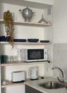 a kitchen counter with a sink and a microwave at d Albuquerque - AL in Ponte de Sor