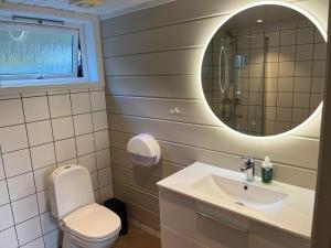 a bathroom with a toilet and a sink and a mirror at Melkevoll Bretun Camping in Briksdalsbre +108 photos
