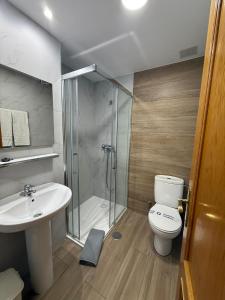 a bathroom with a shower and a toilet and a sink at Pensión Mencia in Lugones