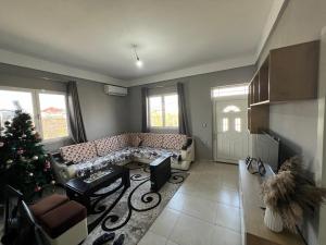 a living room with a couch and a christmas tree at Garden Vila Apartment in Kamëz