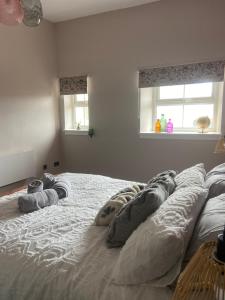 a bedroom with a large bed with pillows on it at Warm Spacious apartment in Pembroke Dock