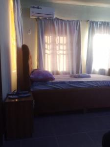 a bedroom with a bed and a window with curtains at Primenest Executive Suites in Gwagwalada