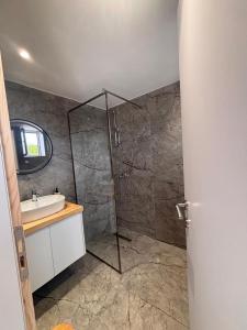 a bathroom with a shower and a sink at Rosea LOFT in Përmet +19 photos
