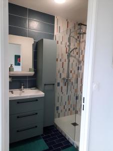 a bathroom with a shower and a sink at Horizon Marin accès direct plage in Cabourg +9 photos