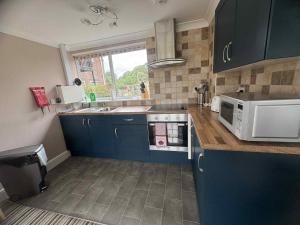 a small kitchen with blue cabinets and a microwave at Greenbanks 2 Damerham Self Catering in Damerham