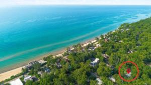 an aerial view of a beach with a red circle at Sunset on Pokagon in Michiana