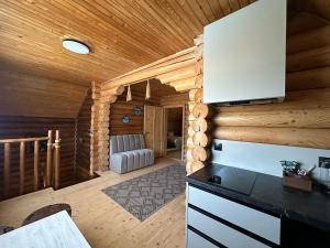 a kitchen and living room in a log cabin at Котедж "Villa Затишна" in Mykulychyn