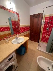 a bathroom with a sink and a washing machine at Hilltop Apartment in Castelsardo