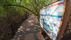 a boardwalk through a forest with a sign on it at Mariposa - Casa Corazon Mazunte in Mazunte