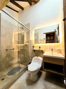 a bathroom with a toilet and a shower and a sink at Hotel Montelux in Villa de Leyva
