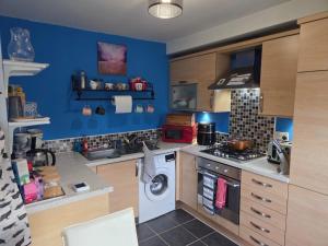 a kitchen with a washer and a blue wall at 2-bed spacious apartment in Falkirk