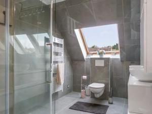 a bathroom with a shower and a toilet and a window at Grande villa T6 avec piscine à 30 min de Disneyland Paris in Coulommiers