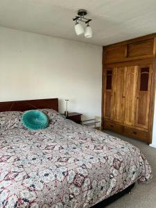 a bedroom with a bed with a blue pillow on it at DEPARTAMENTO aV BULNES in Punta Arenas