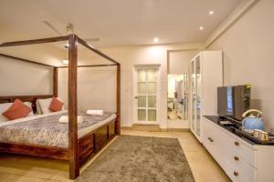 a bedroom with a canopy bed and a television at Hotel Pajaros Blu in Calangute