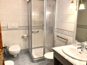 a bathroom with a shower and a toilet and a sink at Garnì Stella Alpina in Canazei +23 photos