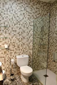 a bathroom with a toilet and a glass shower at Cal Marcos in Torregrosa +26 photos