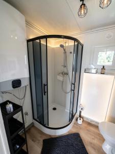 a bathroom with a shower with a toilet and a sink at Domki303 in Mszczonów +7 photos