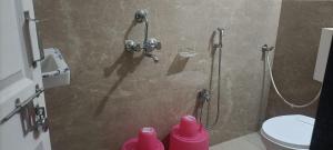 a bathroom with a shower with a toilet and pink bottles at Chavan guest house in Akalkot