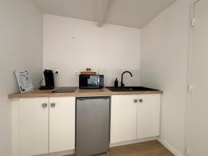 a kitchen with a counter top with a microwave at Studio Le Dolmen Château-Larcher Arrivée autonome in Château-Larcher