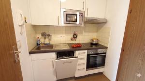a small kitchen with a sink and a microwave at JÜRGEN Haus KMB Seeappartement am Ossiacher See, Hallenbad, Skiarena Gerlitzen in Bodensdorf