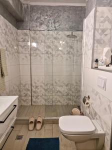 a bathroom with a shower with a toilet and a sink at Sunny Studio Mamaia Nord in Mamaia Sat/Năvodari