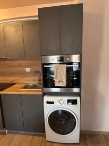 a kitchen with a washing machine and a sink at Alenik Private Apartment -Pamporovo in Pamporovo