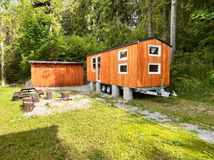 a tiny house and a shed in a field at Tiny house Horní Planá in Horní Planá