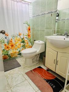 a bathroom with a toilet and a sink and a shower at Papagayo in Bayahibe +6 photos