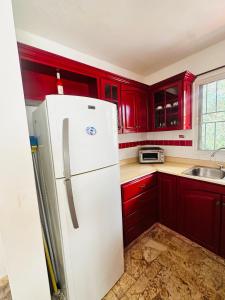 a kitchen with red cabinets and a white refrigerator at Papagayo in Bayahibe