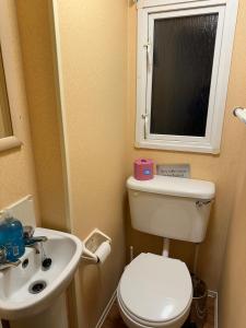 a small bathroom with a toilet and a sink at Croft View Caravan Holidays in Dunvegan