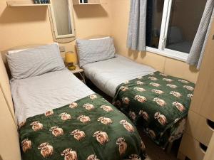 a small room with two beds and a window at Croft View Caravan Holidays in Dunvegan