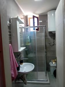a bathroom with a glass shower and a sink at Zlatna Vila 2 in Kanjiža +12 photos