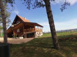a large wooden house in a field with trees at Suncani breg in Ljig
