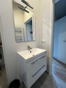 a bathroom with a white sink and a mirror at Veluwe Retreat Inn Otterlo! in Otterlo +11 photos