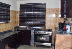 a kitchen with a stove and a counter top at Skye Palace Apartment - Skye Regency 2 Bedroom Apartment in Akure +8 photos