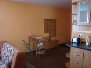 eine Küche mit einem Sofa und einem Tisch in einem Zimmer in der Unterkunft Šenk u Švejka in Ústí nad Labem