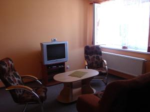 a living room with a table and a tv and chairs at Šenk u Švejka in Ústí nad Labem