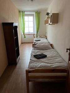 drei Betten in einem Zimmer mit Fenster in der Unterkunft Apartmány Adéla in Český Rudolec