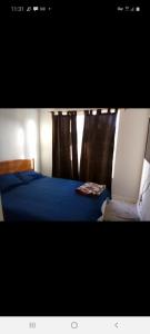 a bedroom with a blue bed and a curtain at Isabel de la serena in La Serena