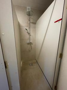 a walk in shower in a bathroom with a glass door at Vakantiehuis Perles de la cascade in Stavelot +16 photos