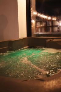 a bath tub filled with green water next to a window at Hosteria Del Pescador in Punta Del Diablo