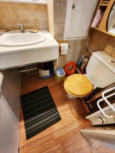 a small bathroom with a sink and a toilet at Cocon Montagne Vue exceptionnelle Pra-Loup 1500 in Uvernet +27 photos