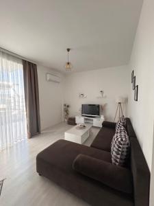 a living room with a couch and a tv at Luna duplex Apartment in Star Dojran