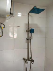 a shower with a shower head in a bathroom at WELTONS Apartment BABA YUSUF in Ikeja
