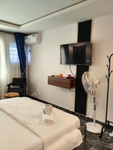 a bedroom with a bed and a flat screen tv at WELTONS Apartment BABA YUSUF in Ikeja